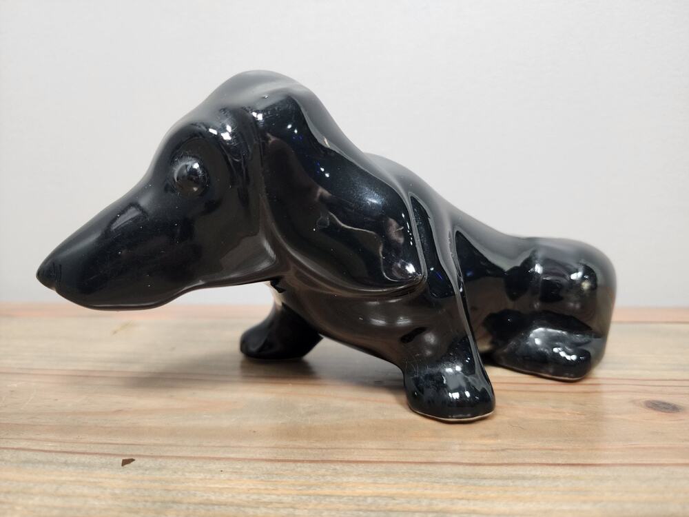 AWESOME VINTAGE CERAMIC 7.5" BLACK DOG DACHSHUND WEINER DOG GLAZED PLANTER CUTE